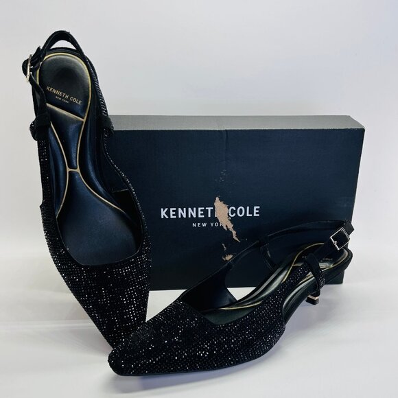 Kenneth Cole Martha Crystals Slingback Size 9.5 Black Sparkle Kitten Heels - Picture 1 of 16